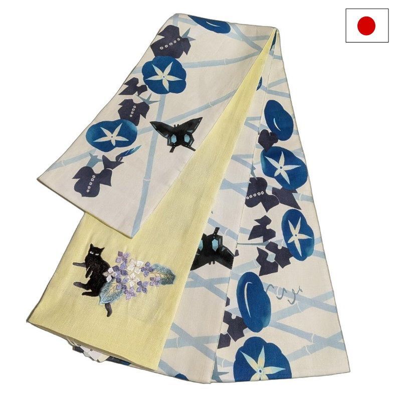 半幅帯 ワッカ 近江の麻 （紫陽花と黒猫）WA・KKA 日本製 ロング 長尺 リバーシブル 細帯 浴衣 着物 小紋 レディース 女性 和装 和服