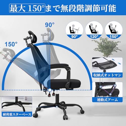 オフィスチェア メッシュ 可動式ランバー 3Dヘッドレスト 人間工学 150