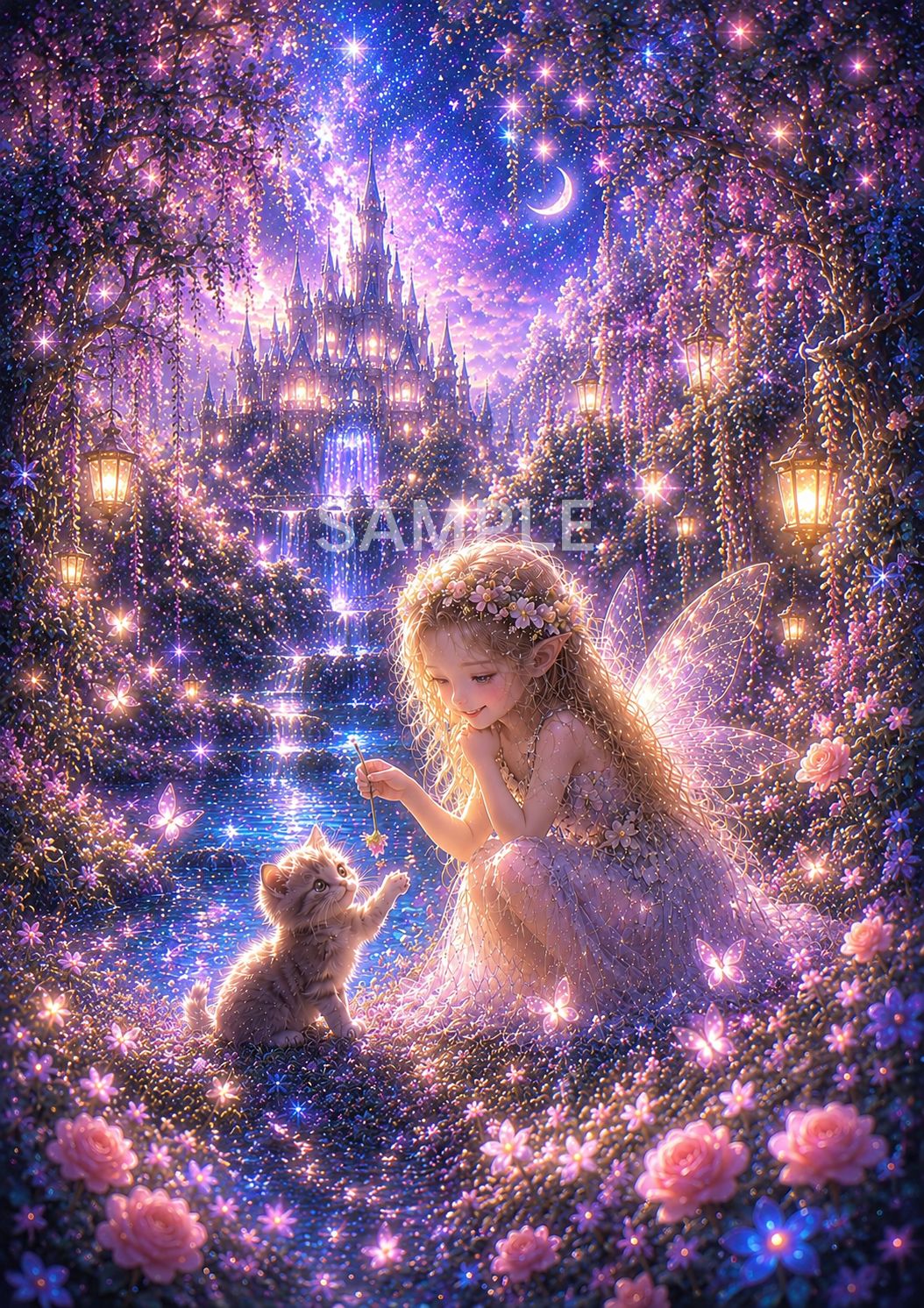 妖精と子猫の幻想アート♡キラキラ魔法のファンタジー世界 A4ポスター