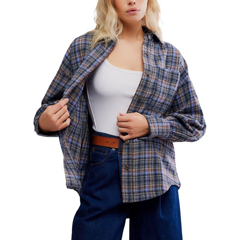 フリーピープル レディース トップス Tシャツ 長袖 Free People Ashley Plaid LongSleeve Shirt Womens Blue Combo Krista ブルー