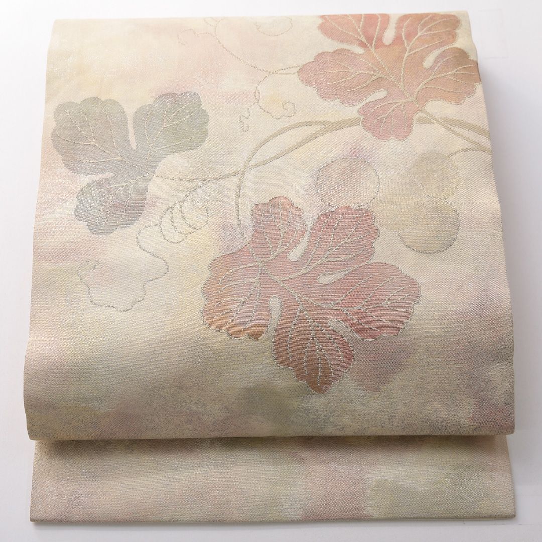 お買い得品！九寸名古屋帯 Aランク 帯丈359cm 正絹 六通 名古屋仕立て 織り インフォーマル 葡萄 クリーム系 RP 1245-03824