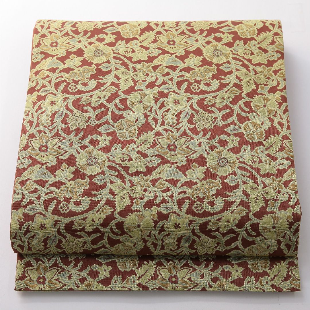 お買い得品！九寸名古屋帯 Sランク 帯丈364cm 正絹 全通 開き仕立て 織り カジュアル 唐草華文 淡い茶系 RP 1245-03826