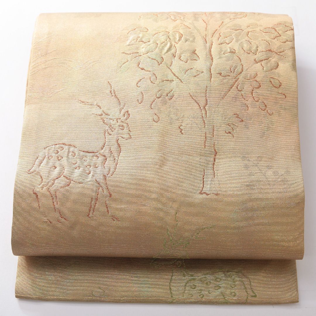 お買い得品！九寸名古屋帯 Sランク 帯丈355cm 正絹 六通 名古屋仕立て 織り セミフォーマル ふくれ織 鹿 ベージュ系 M4 1245-03845