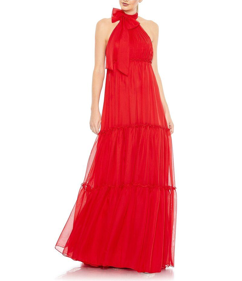 マックダガル レディース トップス ワンピース ティアード A ライン ギャザー ホルター Mac Duggal Ruched Tiered Halter Bow A Line Gown Red レッド