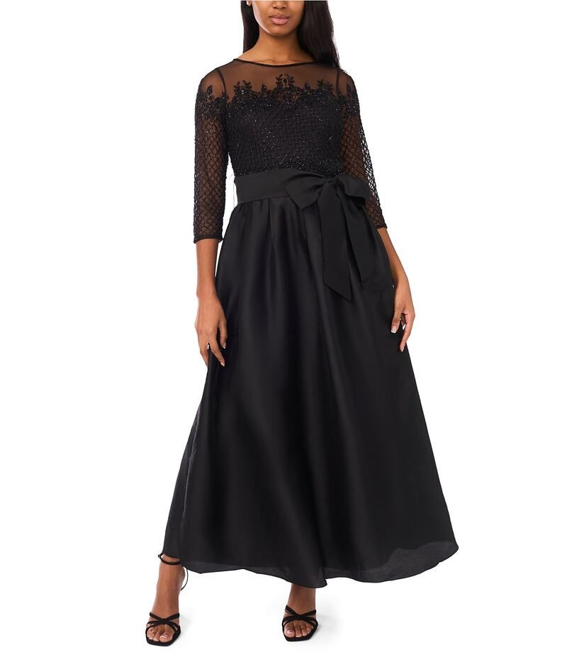 ピサッロナイツ レディース トップス ワンピース スカート Pisarro Nights Illusion Sleeve Beaded Top With Taffeta Skirt Dress Black ブラック