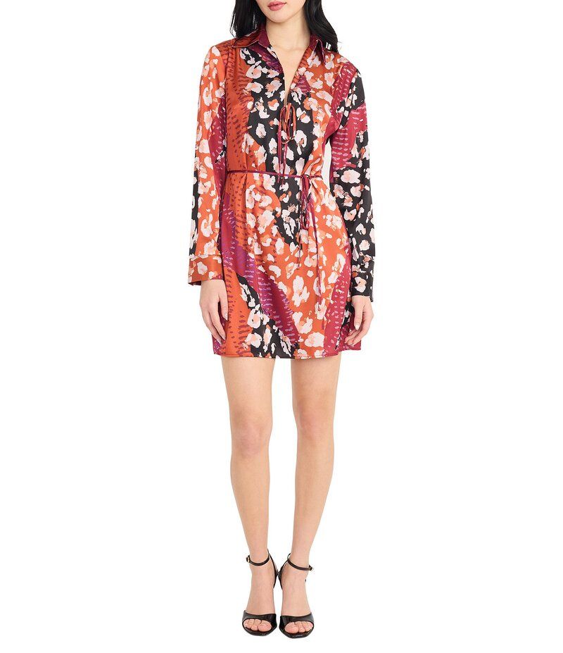 ドナモーガン レディース トップス ワンピース ジョーゼット プリント サテン Donna Morgan Printed Satin Georgette Long Sleeve Collared Dress BlackRustOrange ブラック