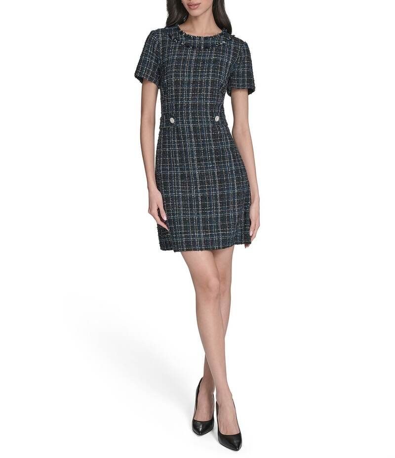エリザジェイ レディース トップス ワンピース ミニワンピース ミニ Eliza J Short Sleeve Embellished Button Boucle Shift Mini Dress NavyBlack ブラック