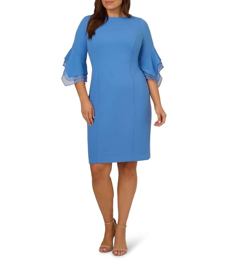 アドリアナ パペル レディース トップス ワンピース クレープ プラスサイズ Adrianna Papell Plus Size Stretch Crepe 34 Bell Sleeve Sheath Dress Cool Water