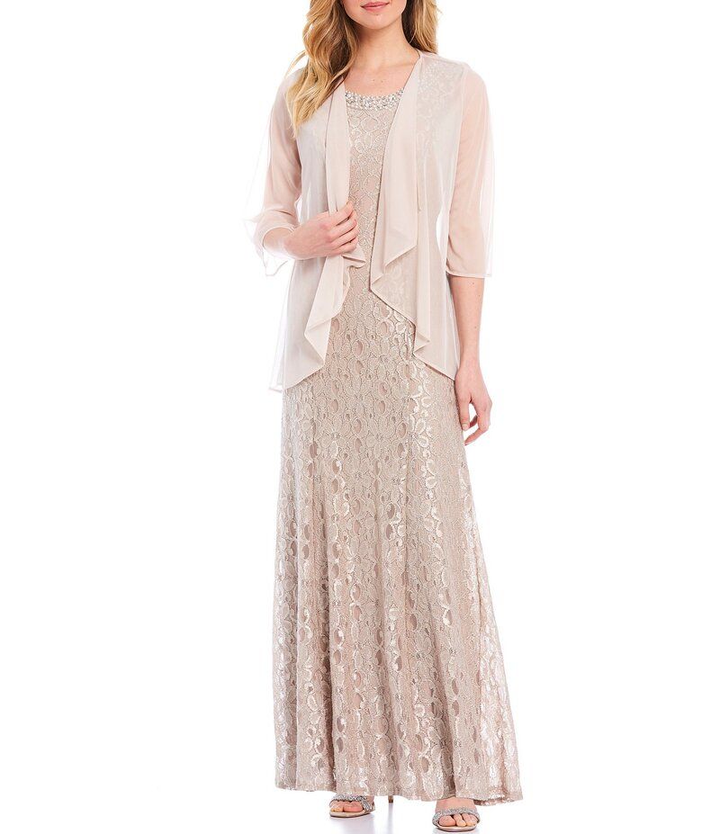 アールアンドエムリチャーズ レディース トップス ワンピース レース ジャケット R M Richards Glitter Lace Beaded Neck 2Piece Jacket Gown Champagne シャンパン