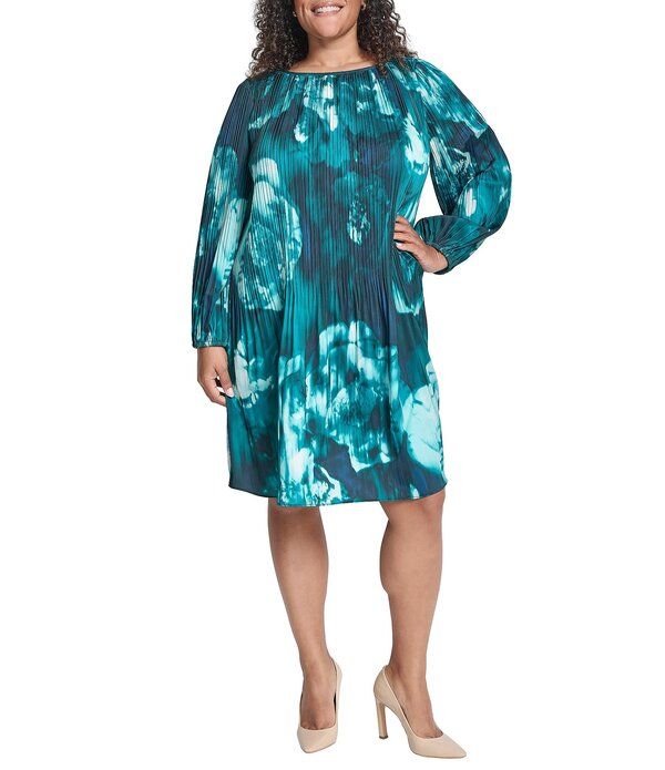 ダナキャラン レディース トップス ワンピース プラスサイズ プリーツ プリント DKNY by Donna Karan Plusize Printed Charmeuse Round Neck Long Sleeve Pleated Shift Dress