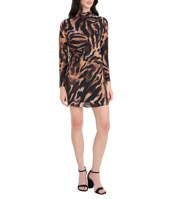 ドナモーガン レディース トップス ワンピース モックネック ジョーゼット プリント ミニ Donna Morgan Zebra Print Georgette Mock Neck Long Sleeve Mini Dress TaupeBrown ブラウン
