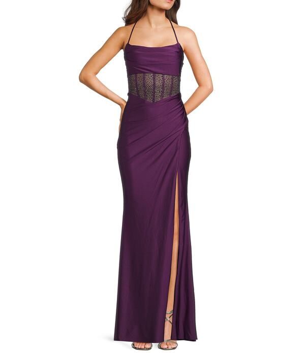 ビーダーリン レディース トップス ワンピース フロントスリット B Darlin Cowl Neck Spaghetti Strap Rhinestone Illusion Corset Bodice Front Slit Dress Plum プラム