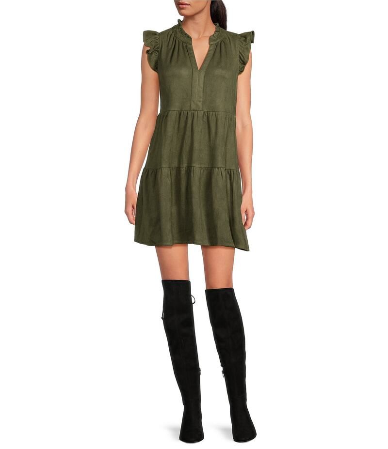 スカイズアブルー レディース トップス ワンピース Vネック フリル スエード キャップ Skies Are Blue Faux Suede Split VNeck Ruffle Cap Sleeve Tier Dress Olive オリーブ