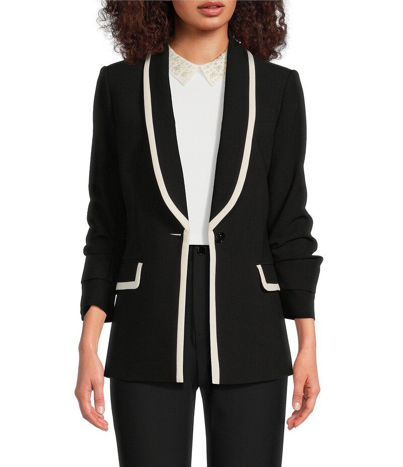 カール ラガーフェルド レディース アウター コート コントラスト ジャケット KARL LAGERFELD PARIS Stretch Contrast Trim Long Sleeve Jacket BlackSoft White ホワイト
