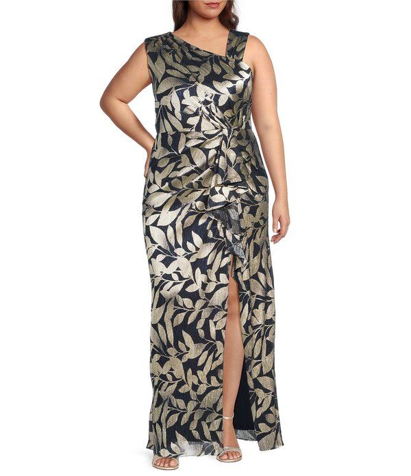 アドリアナ パペル レディース トップス ワンピース アシンメトリー プラスサイズ ノースリーブ Adrianna Papell Plusize Sleeveless Asymmetrical Neck Foileaf GownavyGold ネイビー