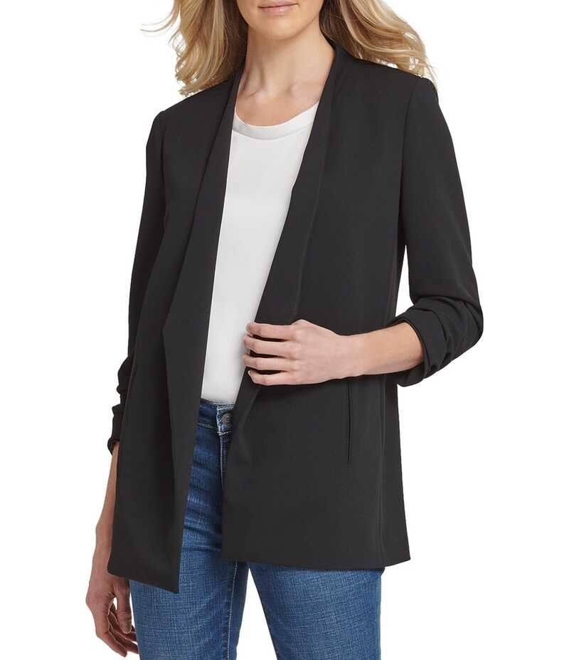 ダナキャラン レディース アウター コート クレープ ギャザー スキューバ ジャケット DKNY by Donna Karan Scuba Crepe Ruched 34 Ruched Sleeve Open Front Jacket Black ブラック