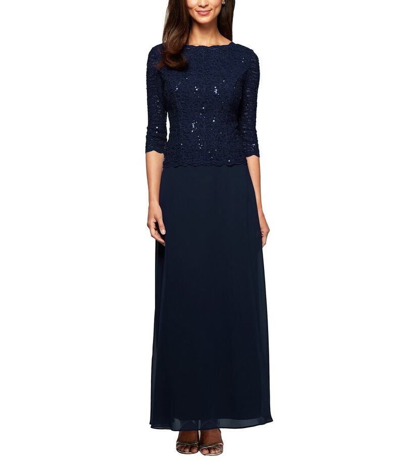 アレックスイブニングス レディース トップス ワンピース シフォン クルーネック プチ スパンコール スカート レース Alex Evenings Petite Size Sequined Lace Bodice Crew Neck 34 Sleeve Chi