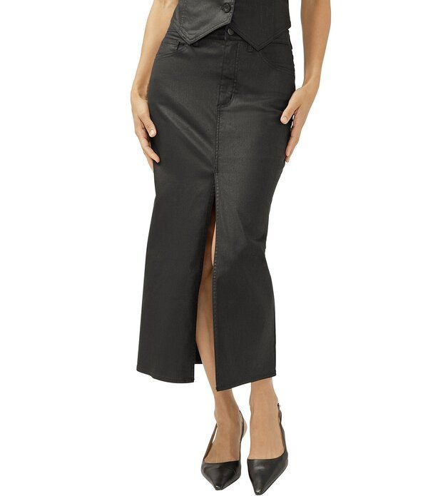シルバー ジーンズ レディース ボトムスカート フロントスリット ミディ コート Silver Jeans Co Coated High Rise Front Slit 5Pocket Midi Skirt Black ブラック