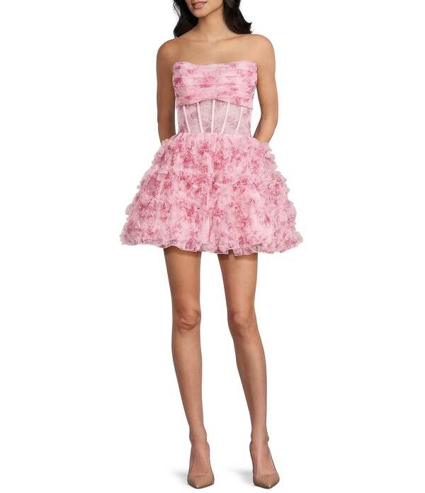 ビーダーリン レディース トップス ワンピース フラワー柄 プリント フリル メッシュ ストラップレス フラワー B Darlin Floral Printed Mesh Strapless Illusion Corset Fit And Flare Ruff