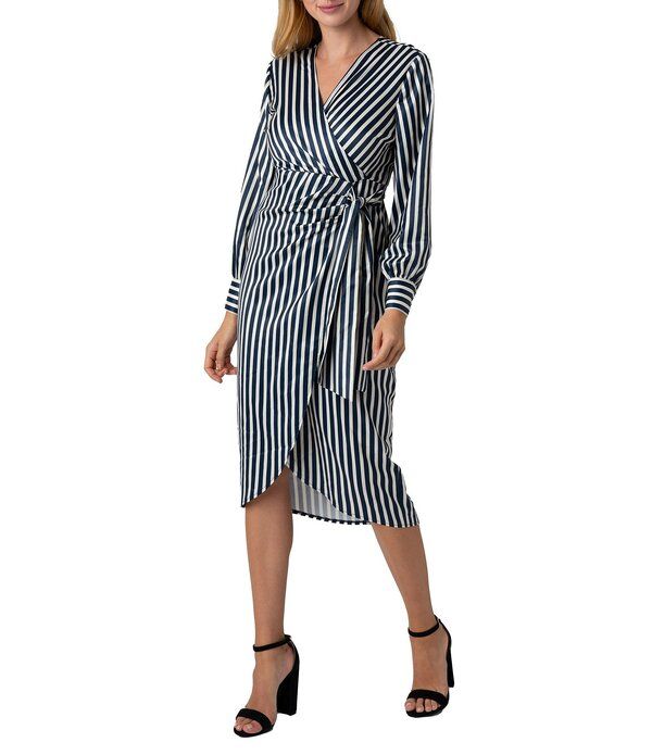 サムエデルマン レディース トップス ワンピース ミディ Sam Edelman Long Sleeve Stripe Wrap Midi Dress Navy ネイビー