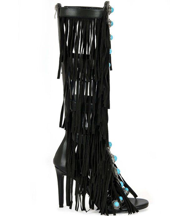 アザレア ワン レディース シューズ ヒール サンダル フリンジ Azalea Wang Amadeo Turquoise Studded Fringed Shaft Gladiator Sandals Black ブラック