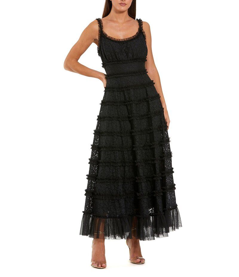 マックダガル レディース トップス ワンピース A ライン ミディワンピース フリル ミディ ノースリーブ レース Mac Duggal Scoop Neckline Sleeveless Lace ALine Ruffle Midi Dress Black