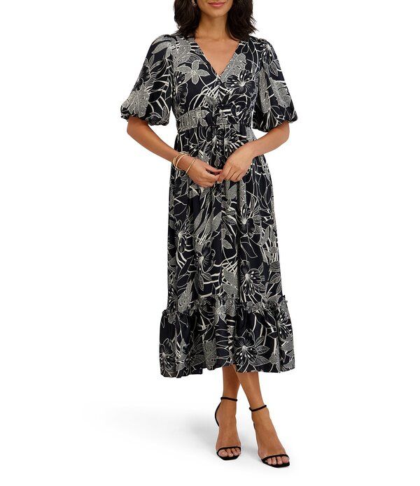 ケンジー レディース トップス ワンピース フラワー柄 プリント ミディ サテン フラワー Kensie Printed Satin Short Puff Sleeve Floral Tier Midi Dresslate Multi スレート
