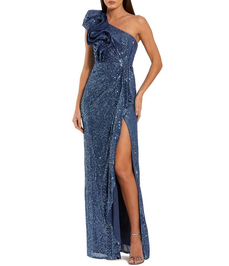 マックダガル レディース トップス ワンピース A ライン フリル スパンコール Mac Duggal Ruffle One Shoulder Sequin High Slit ALine Gown Ocean