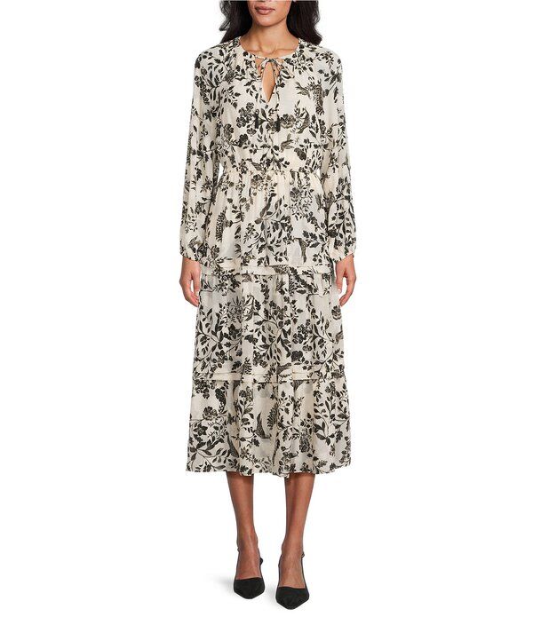 アンクライン レディース トップス ワンピース Vネック ティアード フラワー柄 プリント フラワー Anne Klein Floral Bird Print Clipped Jacquard VNeck Blouson Sleeve Tiered Patio