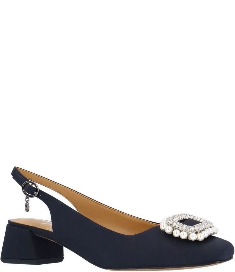ジェイレニー レディース シューズ ヒール サテン J Renee Eudora Satin Pearl Ornament Slingback Pumps Dark Navy ネイビー