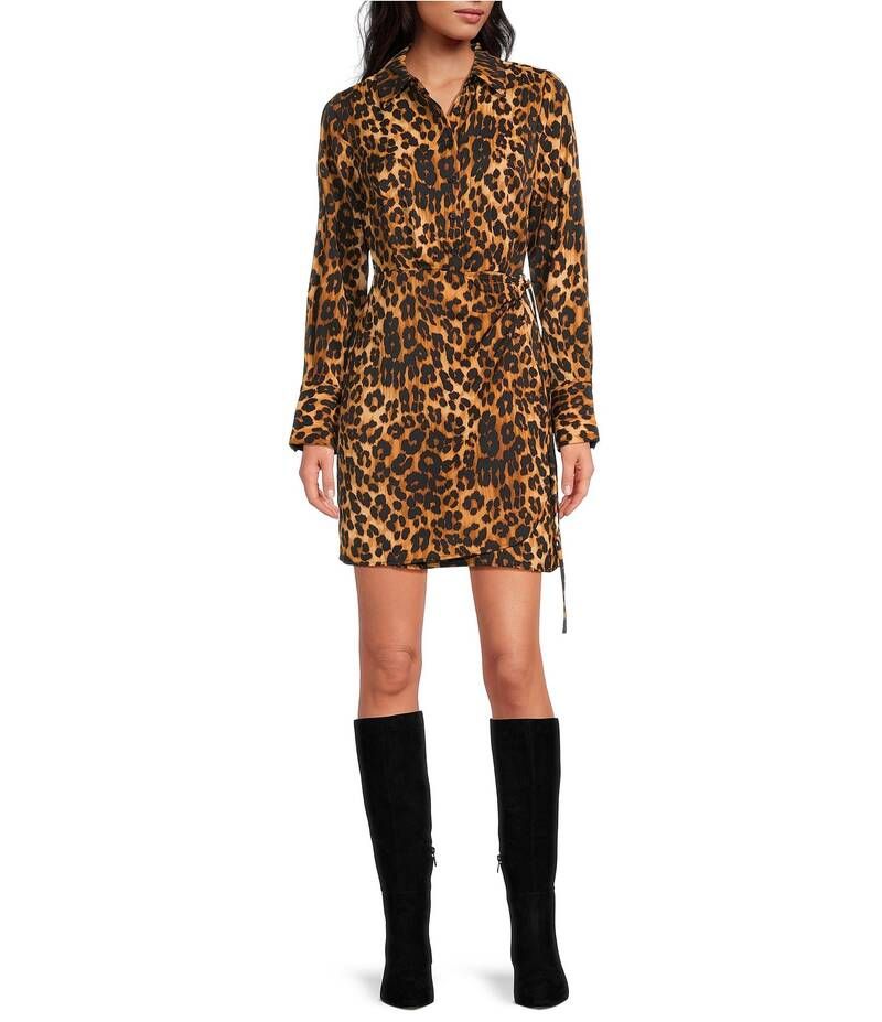 サムエデルマン レディース トップス ワンピース シャツワンピース ミニ シャツ サテン Sam Edelman Satin Collar Neckline Long Sleeve Leopard Mini Shirt Dress Black Multi ブラ