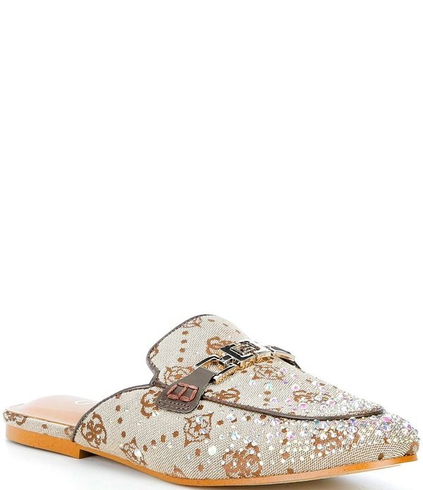 ゲス レディース シューズ パンプス プリント ロゴ Guess Bommiyaa Logo Print Rhinestone Hardware Mules Medium Brown ブラウン
