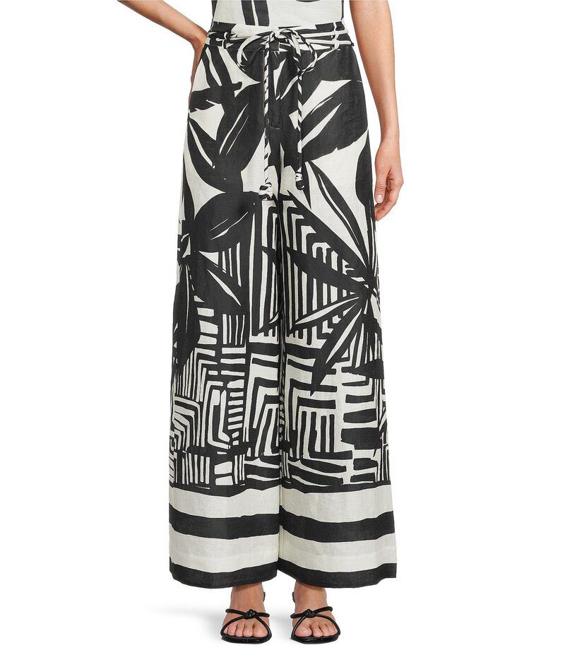アントニオ メラーニ レディース ボトムス カジュアルパンツ プリント パンツ リネン Antonio Melani Coordinating Brandy Palm Printed Linen Palazzo Pants Black Palm ブラック