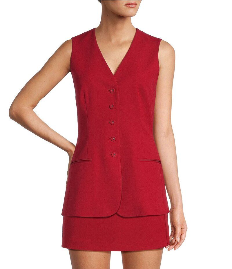 アントニオ メラーニ レディース アウター ベスト Vネック ノースリーブ Antonio Melani Darcy VNeck Sleeveless Coordinating Button Front Vest Cranberry