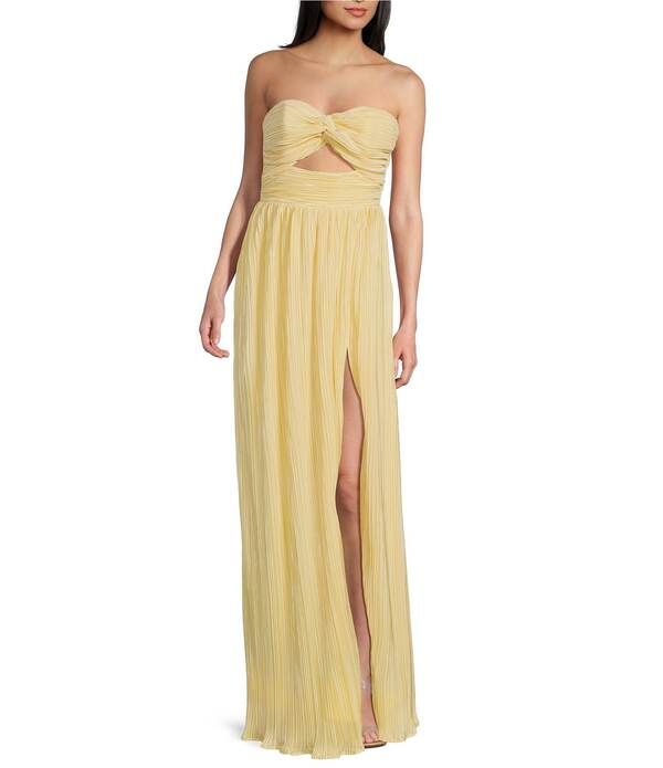 ルルズ レディース トップス ワンピース カットアウト サテン ストラップレス Lulus Majestic Strapless Cutout Satin Plisse Long Dress Butter Yellow イエロー