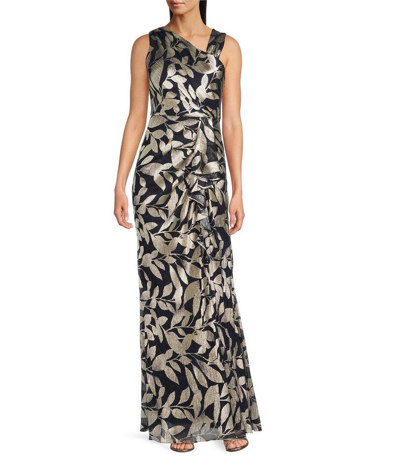アドリアナ パペル レディース トップス ワンピース アシンメトリー トール ノースリーブ Adrianna Papell Metallic Asymmetrical Neck Sleeveless Gown NavyGold ネイビー