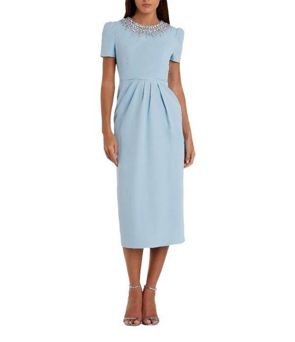 マックダガル レディース トップス ワンピース ミディ Mac Duggal Rhinestone Crew Neckline Short Sleeve Midi Dress French Blue ブルー