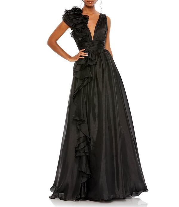 マックダガル レディース トップス ワンピース Vネック シフォン フリル ノースリーブ Mac Duggal Chiffon Deep VNeck Sleeveless Ruffled Shoulder Ball Gown Black ブラック