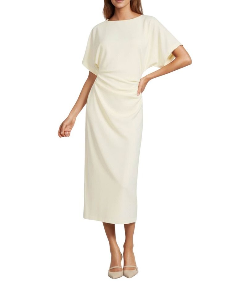 アントニオ メラーニ レディース トップス ワンピース クルーネックレープ ミディ Antonio Melani Carter Short Sleeve Crew Neck Crepe Sheath Midi Drees Butter