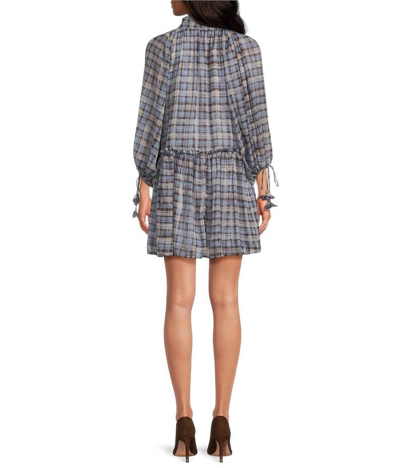 エン セゾン レディース トップス ワンピース ミニワンピース ミニ En Saison Briar Bow Tie Neckline Long Sleeve Plaid Mini Dress Dusty Blue Brown ブルー