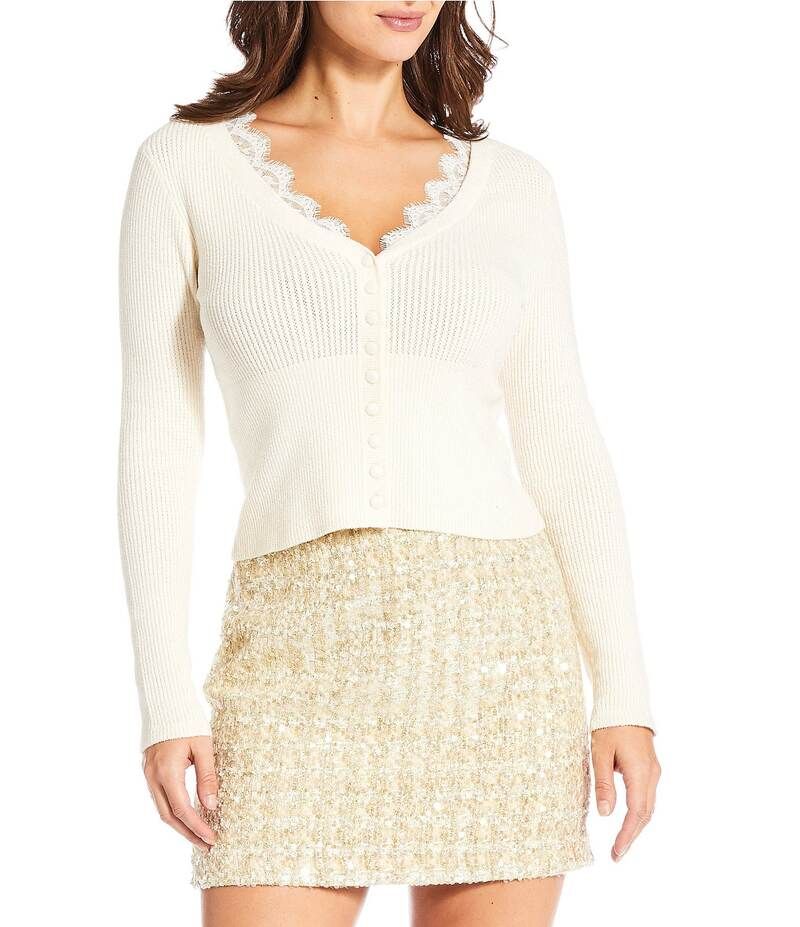 ジャンビニ レディース アウター ニット・セーター Vネック セーター カーディガン レース Gianni Bini Lace Detail VNeck Long Sleeve Sweater Cardigan Ivory アイボリー