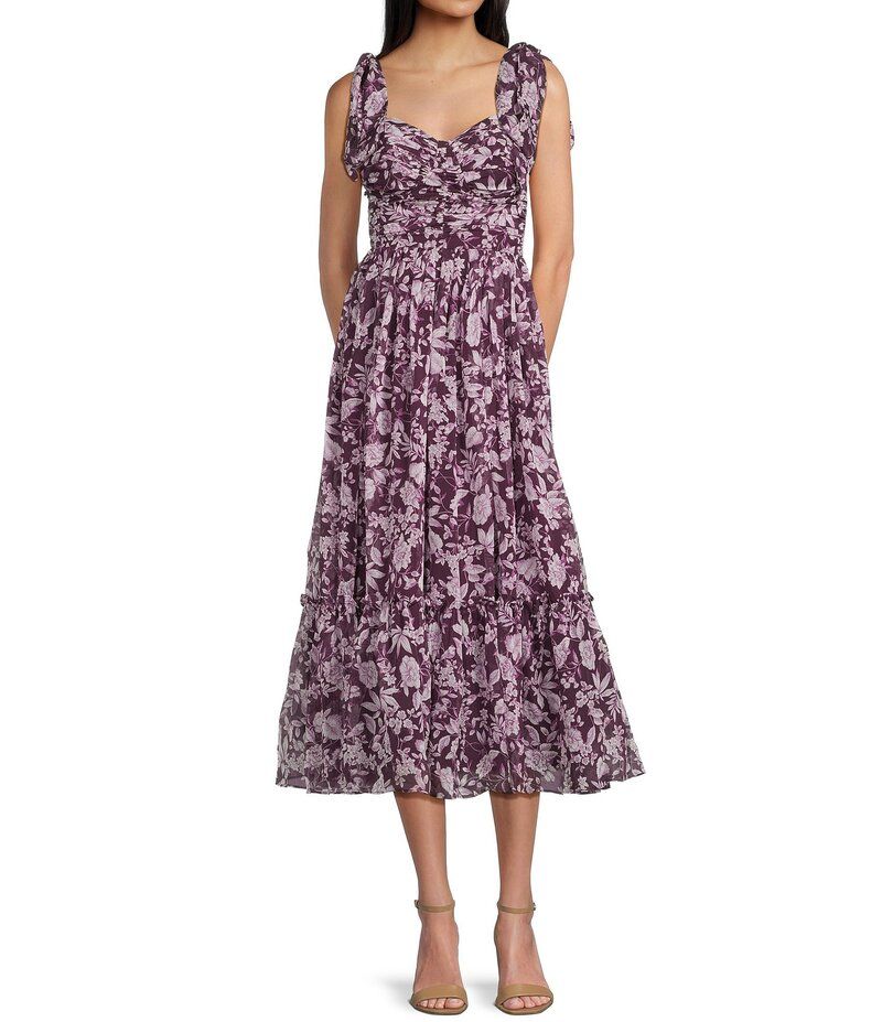 ビーダーリン レディース トップス ワンピース ミディワンピース フラワー柄 プリント ミディ ノースリーブ フラワー B Darlin Sleeveless Floral Print Tie Shoulder Sweetheart Neck Shirred