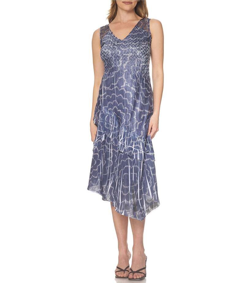 コマロフ レディース トップス ワンピース Vネック ティアード ミディワンピース ミディ Komarov VNeck ASymmetrical Tiered Midi Dress Navy Multi ネイビー
