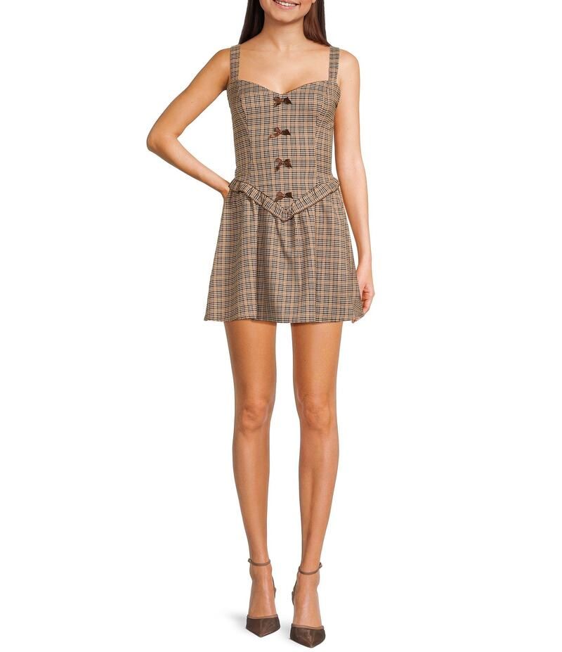 シティヴァイブ レディース トップス ワンピース Vネック フリル City Vibe Plaid VNeck Bow Front Ruffled Drop Waist Dress BeigeBlackRust ブラック