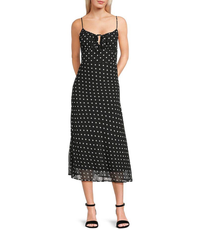 ジービー レディース トップス ワンピース ドット柄 ミディワンピース ドット ミディ GB Polka Dot Tie Front Midi Dress Black White Micro Dot ホワイト