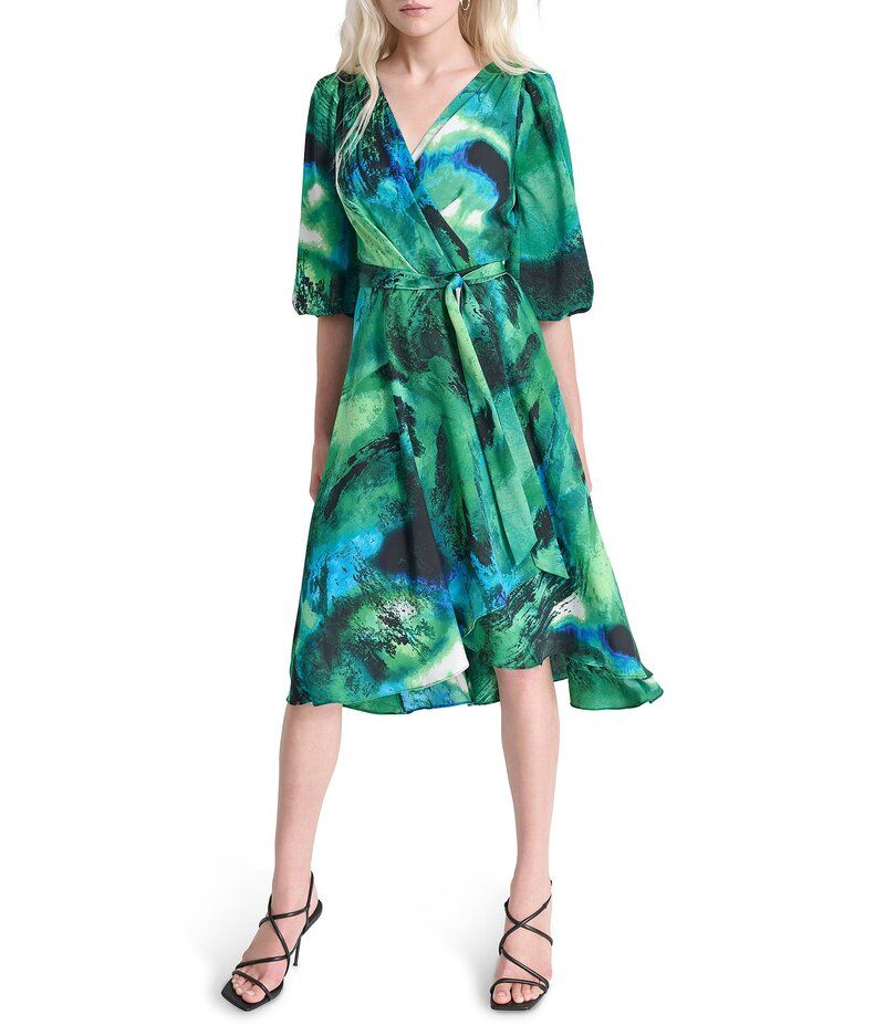 ダナキャラン レディース トップス ワンピース Vネック バルーンスリーブ ミディワンピース プリント ミディ DKNY by Donna Karan Printed Woven Surplice VNeck Balloon Sleeve Belted Fau
