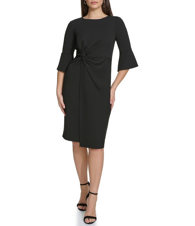 ケンジー レディース トップス ワンピース スカート Kensie Stretch Boat Neck Mid Length Bell Sleeve Twist Waist Faux Wrap Skirt Sheath Dress Black ブラック