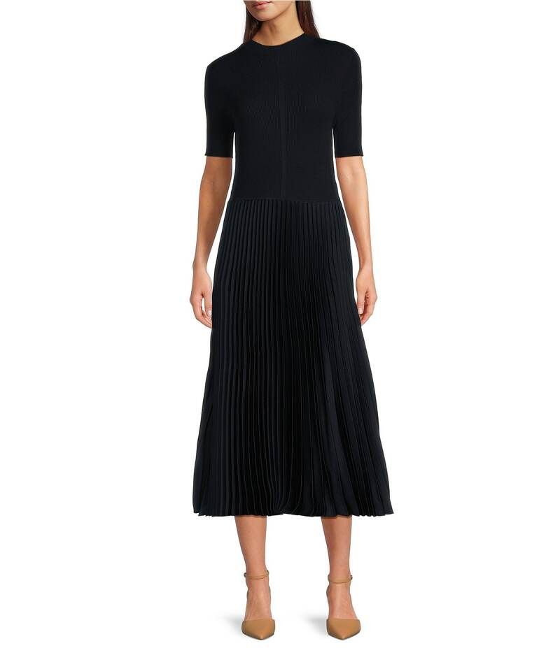 ヒューゴボス レディース トップス ワンピース ミディワンピース プリーツ ミディ ニット BOSS by HUGO BOSS Fadrid Mixed Media Knit And Woven Round Neck Short Sleeve Pleated