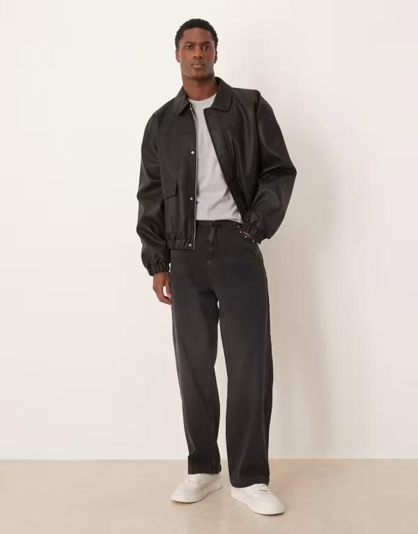 エイソス メンズ ボトムス デニムパンツ ジーンズ ASOS DESIGN loose straight fit jeans with studetail wash Black ブラック