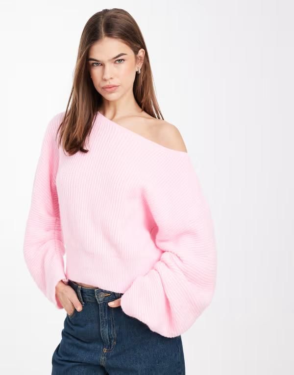 エイソス レディース アウター ニット・セーター ギャザー ASOS DESIGN knit ruched sleeve sweater PINK ピンク